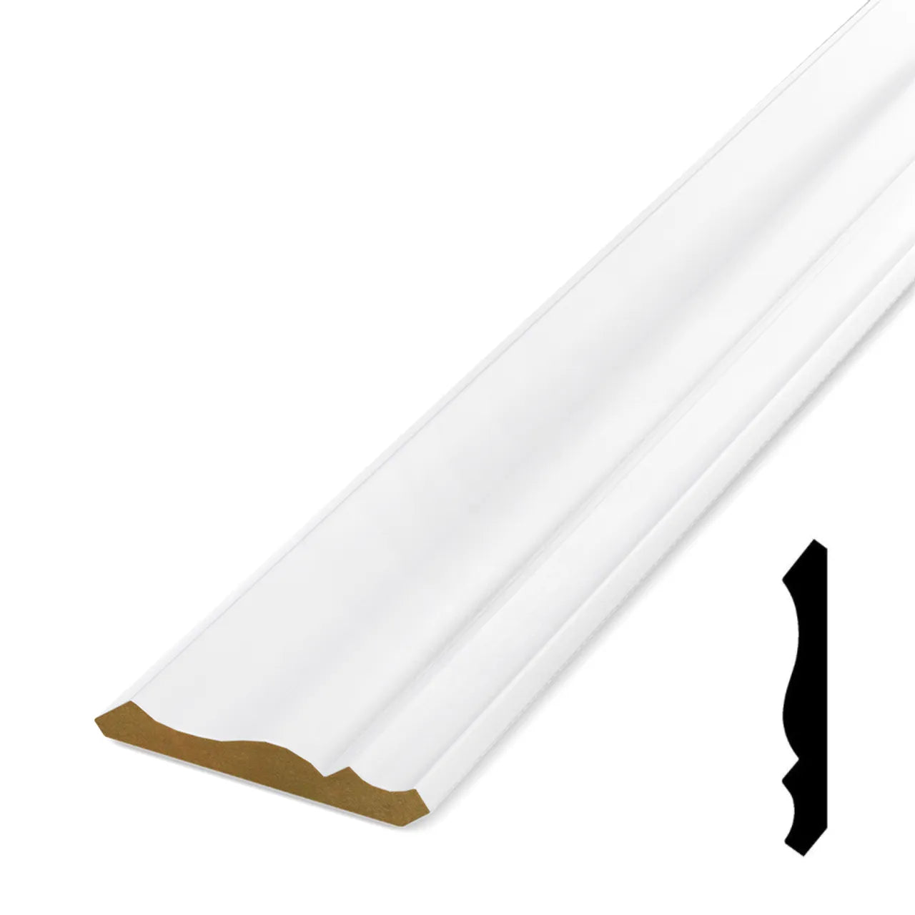 The Go Build 1/2 in. x 3-5/8 in. x 192 in. Primed MDF Crown Moulding features a decorative curved profile, shown diagonally on white; its ready-to-paint shape is outlined in black on the right.